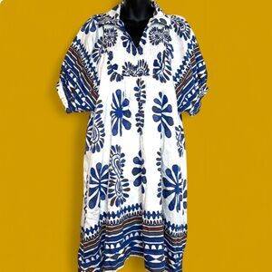 GiGio Women's Floral Short Dress L White Navy Collared Mediterranean Greek Boho
